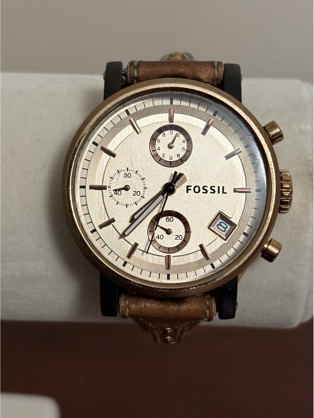 Fossil The Original Boyfriend Women’s ES3786 Watch Rose Gold Tone Leather Band